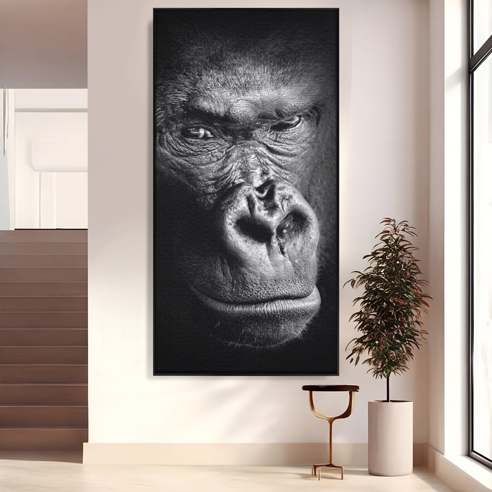 Tablou canvas cu tablou canvas cu portret de gorila, in rama de aluminiu negru